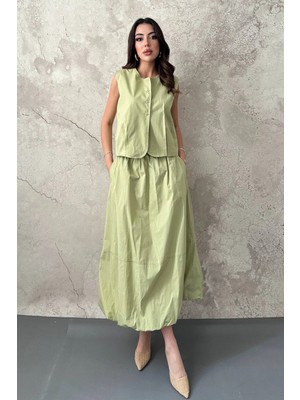 Moda Days Kadın Olive Poplin Yelek Etek Takım Kolsuz Düğmeli Lastik Belli Uzun