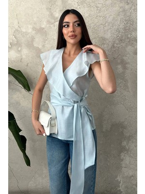 Moda Days Kadın Bluz Kruvaze Yaka Volan Kollu Belden Bağlamalı Mavi