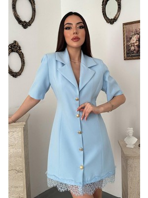 Moda Days Kadın Bebe Mavi Dantel Etek Uçlu Gold Düğmeli Ceket Yaka Mini Boy Kısa Kollu Ceket