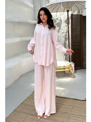 Moda Days Kadın Pembe Alt - Üst Takım Gömlek Pantolon Ikili Takım Düğmeli Geniş Paça Uzun Kollu