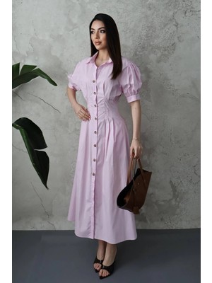 Moda Days Kadın Pembe Gömlek Yaka Balon Kol Pileli Düğmeli Midi Poplin Elbise