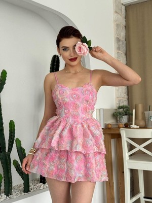 Moda Days Kadın Gul Desen Pembe Mini Elbise Ince Askılı Gül Desenli Katlı Etekli Poplin Abiye