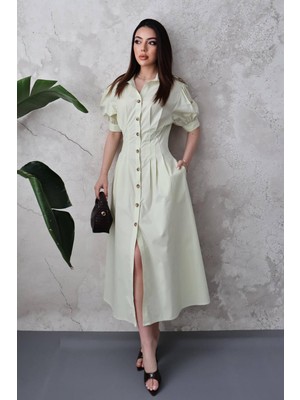 Moda Days Kadın Mint Gömlek Yaka Balon Kol Pileli Düğmeli Midi Poplin Elbise