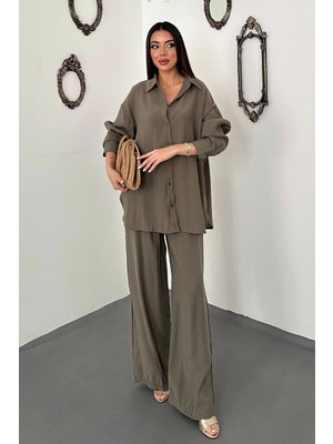 Moda Days Kadın Haki Alt - Üst Takım Gömlek Pantolon Ikili Takım Düğmeli Geniş Paça Uzun Kollu