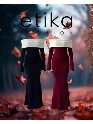 Moda Days Kadın Bordo Uzun Elbise Düşük Omuzlu Kontrast Yaka Uzun Kollu Balık Kesim