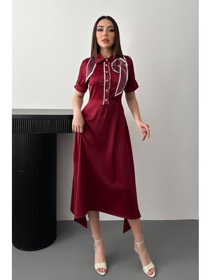 Moda Days Kadın Bordo Fularlı Gömlek Yaka Saten Midi Elbise Asimetrik Etek Uçlu