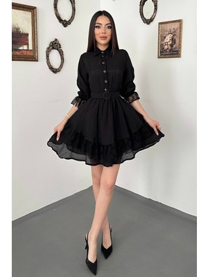 Moda Days Kadın Siyah Mini Gömlek Yaka Düğmeli Kemerli Dantel Detaylı Kloş Elbise