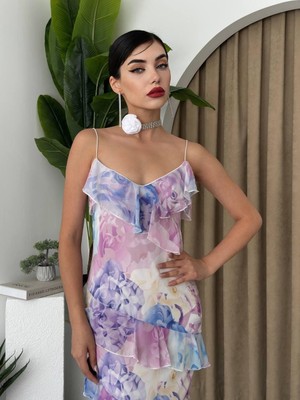 Moda Days Kadın Lila Askılı Çiçek Desenli Volanlı V Yaka Uzun Davet Elbisesi