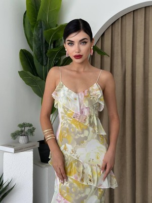 Moda Days Kadın Sari Askılı Çiçek Desenli Volanlı V Yaka Uzun Davet Elbisesi