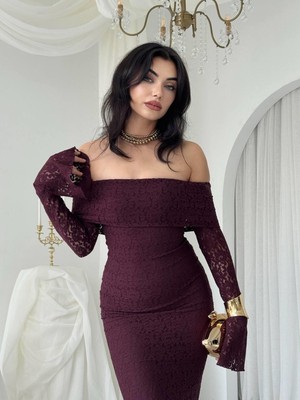 Moda Days Kadın Mürdüm Dantel Midi Elbise Kayık Yaka Uzun Kollu Volanlı Etek Ucu