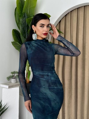 Moda Days Kadın Yeşi̇l Midi Elbise Drapeli Dik Yaka Uzun Transparan Kollu Desenli