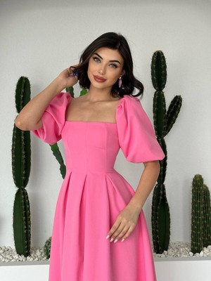 Moda Days Kadın Pembe Midi Elbise Kare Yaka Balon Kollu Pileli A Kesim Dokuma