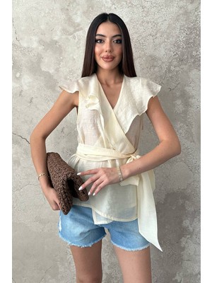 Moda Days Kadın Bluz Kruvaze Yaka Volan Kollu Belden Bağlamalı Sarı