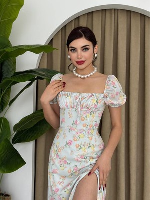 Moda Days Kadın Yeşi̇l Midi Elbise Kare Yaka Balon Kollu Çiçek Desenli Yırtmaçlı Poplin