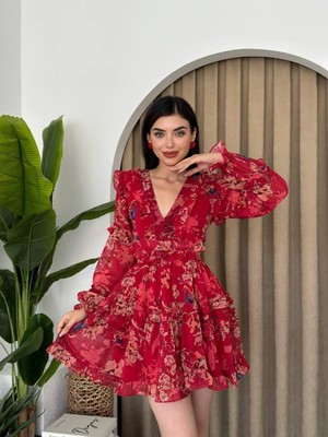 Moda Days Kadın Kirmizi Mini Elbise V Yaka Çiçek Desenli Fırfırlı Sırt Dekolteli Poplin