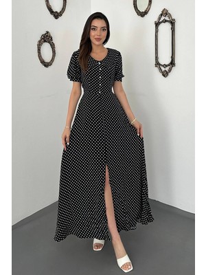 Moda Days Kadın Siyah Puantiyeli V Yaka Düğmeli Kısa Kollu Yırtmaçlı Kloş Maxi Elbise