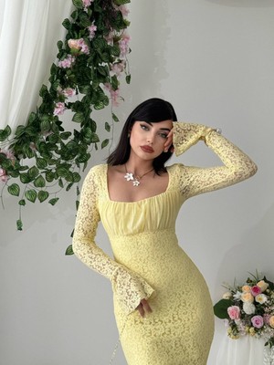 Moda Days Kadın Sari Midi Elbise Kare Yaka Uzun Dantel Kollu Drapeli Abiye