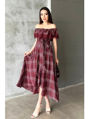 Moda Days Kadın Mürdüm Ekoseli Carmen Yaka Dantel Detaylı Kuşaklı Midi A-Line Elbise