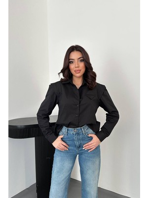 Moda Days Kadın Siyah Poplin Gömlek Peto Detaylı Cepli Gömlek Yaka Uzun Kollu Düğmeli