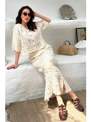 Moda Days Kadın Ekru Bluz Etek Takım Dantel Işlemeli V Yaka Düğmeli Bluz Uzun Etek Takım