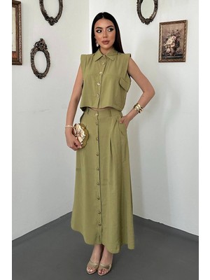 Moda Days Kadın Olive Yelek Etek Takım Gömlek Yakalı Crop Düğmeli Uzun Etekli