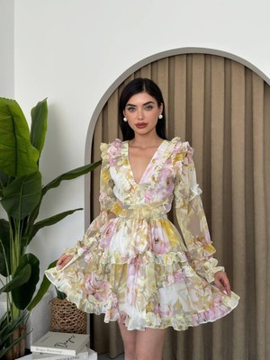 Moda Days Kadın Sari Mini Elbise V Yaka Çiçek Desenli Fırfırlı Sırt Dekolteli Poplin