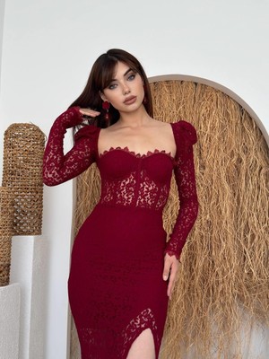 Moda Days Kadın Bordo Midi Elbise Dantel Detaylı Yırtmaçlı Uzun Kollu Kalp Yaka