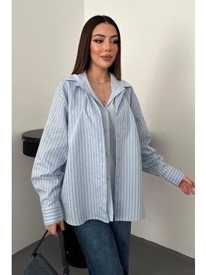 Moda Days Kadın Mavi Gömlek Çizgili Garnili Oversize Kesim Uzun Kollu Düğmeli Pamuklu
