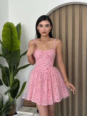 Moda Days Kadın Pembe Mini Elbise Askılı Kare Yaka Çiçek Desenli Tül Etekli Korse Görünümlü