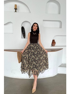 Moda Days Kadın Lacivert Desenli Şifon Astarlı Lastikli Bel Dilimli Maxi Etek