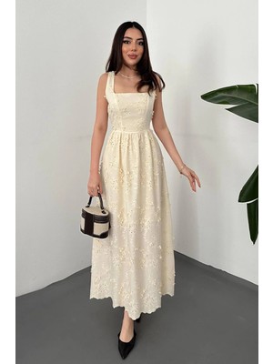 Moda Days Kadın Ekru Brodeli Kare Yaka Kalın Askılı Astarlı Beli Oturan Maxi Elbise