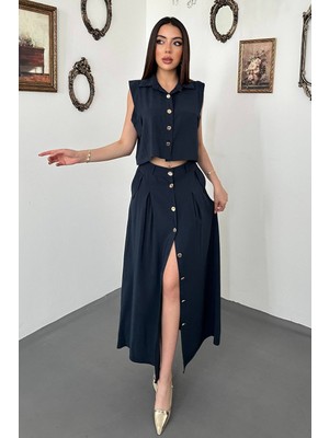 Moda Days Kadın Lacivert Yelek Etek Takım Gömlek Yakalı Crop Düğmeli Uzun Etekli