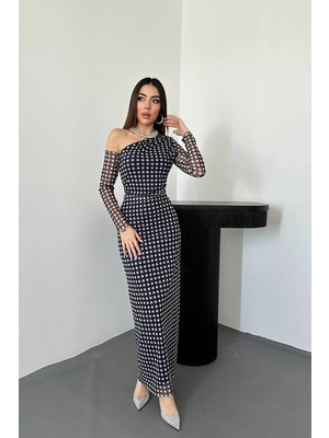 Moda Days Kadın Lacivert Ekose Desenli Tek Omuzlu Tül Uzun Yırtmaçlı Astarlı Elbise