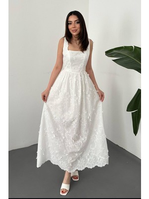 Moda Days Kadın Beyaz Brodeli Kare Yaka Kalın Askılı Astarlı Beli Oturan Maxi Elbise