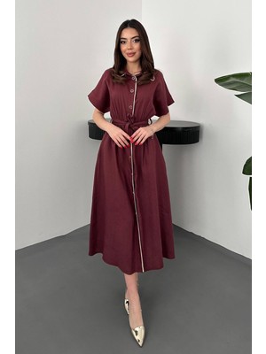 Moda Days Kadın Bordo Keten Kuşaklı Düğmeli Cep Detaylı Midi Gömlek Elbise