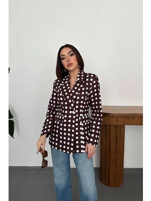 Moda Days Kadın Kahverengi Puantiyeli Kruvaze Blazer Ceket Ceket Yaka Uzun Kollu Astarlı Dokuma