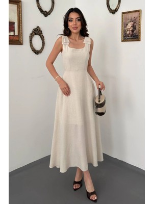 Moda Days Kadın Bej Fiyonklu Askılı Kare Yaka Beli Oturan Kloş Maxi Elbise
