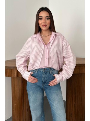 Moda Days Kadın Pembe Gömlek Çizgili Garnili Oversize Kesim Uzun Kollu Düğmeli Pamuklu