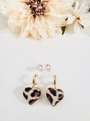 Devi Fashion Leopar Kalp ve Tek Taş Gold 2’li Küpe Seti 4 cm