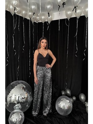 Moda Days Kadın Siyah Gümüş Beli Lastikli Payetli Geniş Paça Uzun Parti Pantolonu