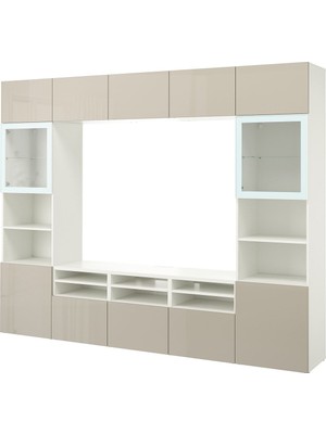 Hobiurun Tv ünitesi, beyaz-parlak cila-bej, 300x42x231 cm, SELSVIKEN/GLASSVIK, çıt çıt raylı