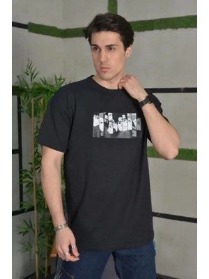 Modi Unisex Bisiklet Yaka Baskılı Oversize T-Shirt - Siyah
