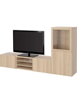 Hobiurun Tv ünitesi, ağartılmış meşe görünümlü-beyaz meşe görünümlü-şeffaf cam, 240x42x129 cm, LAPPVIKEN/SINDVIK, çıt çıt raylı