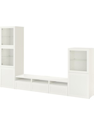Hobiurun Tv ünitesi, beyaz-şeffaf cam, 300x42x193 cm, HANVIKEN/SINDVIK, çıt çıt raylı