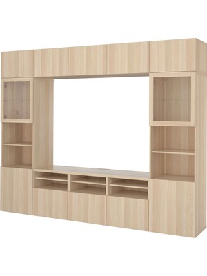 Hobiurun Tv ünitesi, ağartılmış meşe görünümlü-beyaz meşe görünümlü-şeffaf cam, 300x42x231 cm, LAPPVIKEN/SINDVIK, çıt çıt raylı