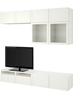 Hobiurun Tv ünitesi, beyaz-şeffaf cam, 240x42x231 cm, HANVIKEN/SINDVIK, fren raylı