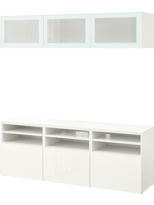 Hobiurun Tv ünitesi, beyaz-parlak cila beyaz, 180x42x192 cm, SELSVIKEN/GLASSVIK, fren raylı