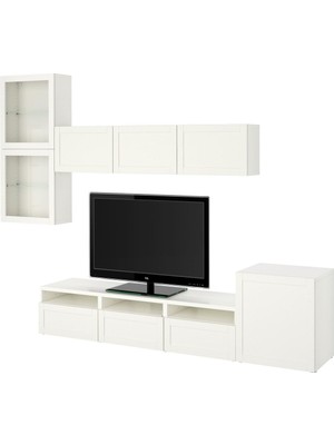 Hobiurun Tv ünitesi, beyaz-şeffaf cam, 300x42x211 cm, HANVIKEN/SINDVIK, çıt çıt raylı