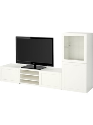 Hobiurun Tv ünitesi, beyaz-şeffaf cam, 240x42x129 cm, HANVIKEN/SINDVIK, çıt çıt raylı