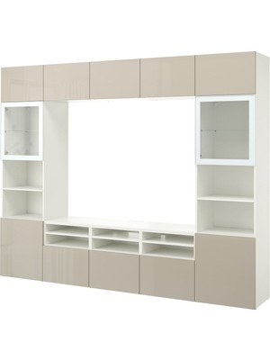Hobiurun Tv ünitesi, beyaz-parlak cila-bej, 300x42x231 cm, SELSVIKEN/GLASSVIK, fren raylı